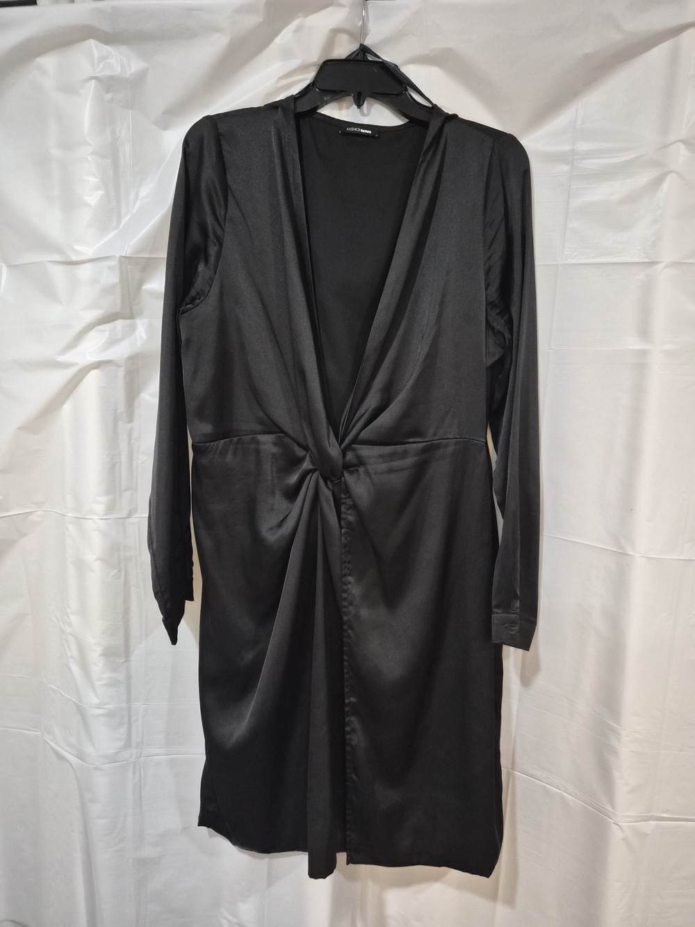 Fashion Nova Black Satin Knot-Front Midi Dress